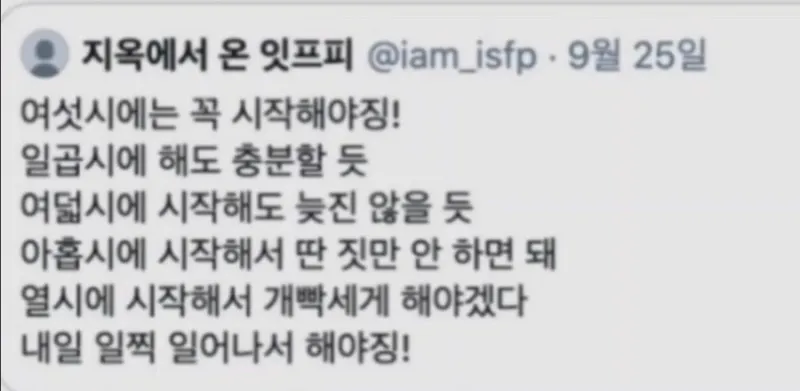 ISFP MBTI 잇프피 미루기 벼락치기 공감 현실 P형 내일해야지