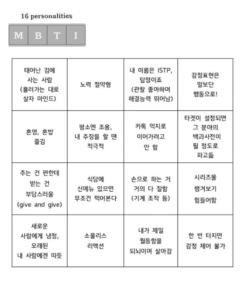ISTP MBTI 잇팁 특징 빙고 성격 공감 팩폭 정리 짤