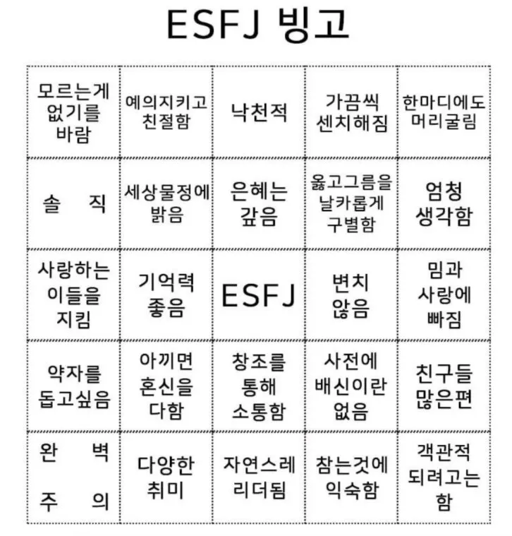 ESFJ MBTI 빙고 특징 성격 유형 테스트 엣프제 공감 짤