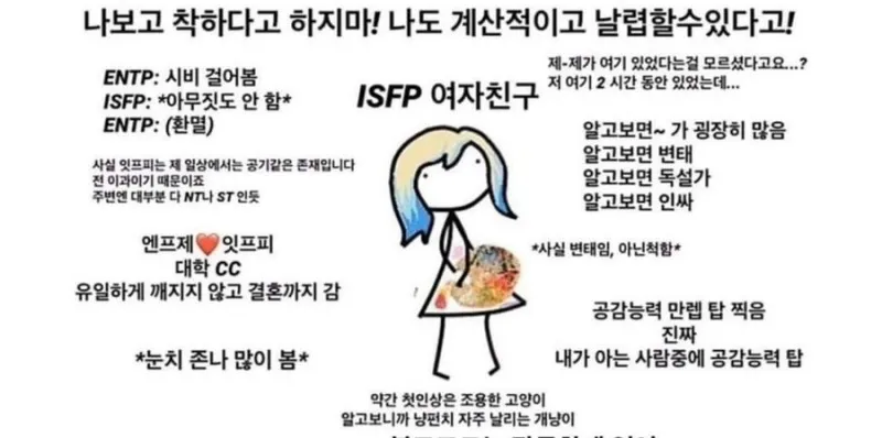 ISFP MBTI 잇프피 성격 특징 공감 눈치 여자친구 반전 짤
