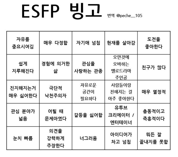 ESFP MBTI 빙고 성격 특징 팩폭 관종 낙천주의 공감