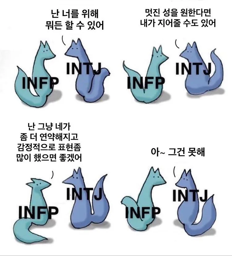 INFP INTJ MBTI 인프피 인티제 감정표현 차이 거절 특징 짤