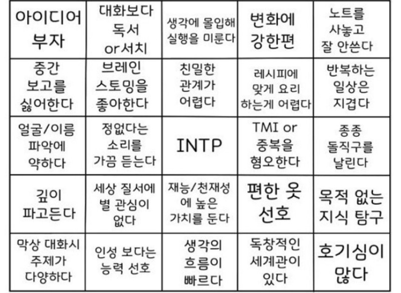 INTP MBTI 빙고 특징 인팁 공감 체크리스트 성격 팩폭