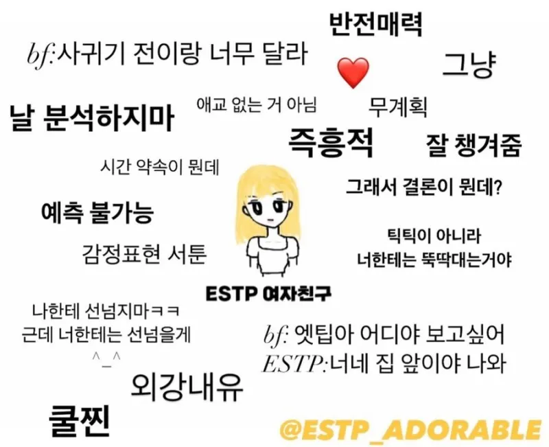 ESTP MBTI 엣팁 여자친구 특징 연애 성격 공감 팩폭 즉흥적