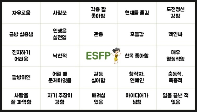 ESFP MBTI 엣프피 빙고 특징 성격 핵인싸 낙천적 공감 짤
