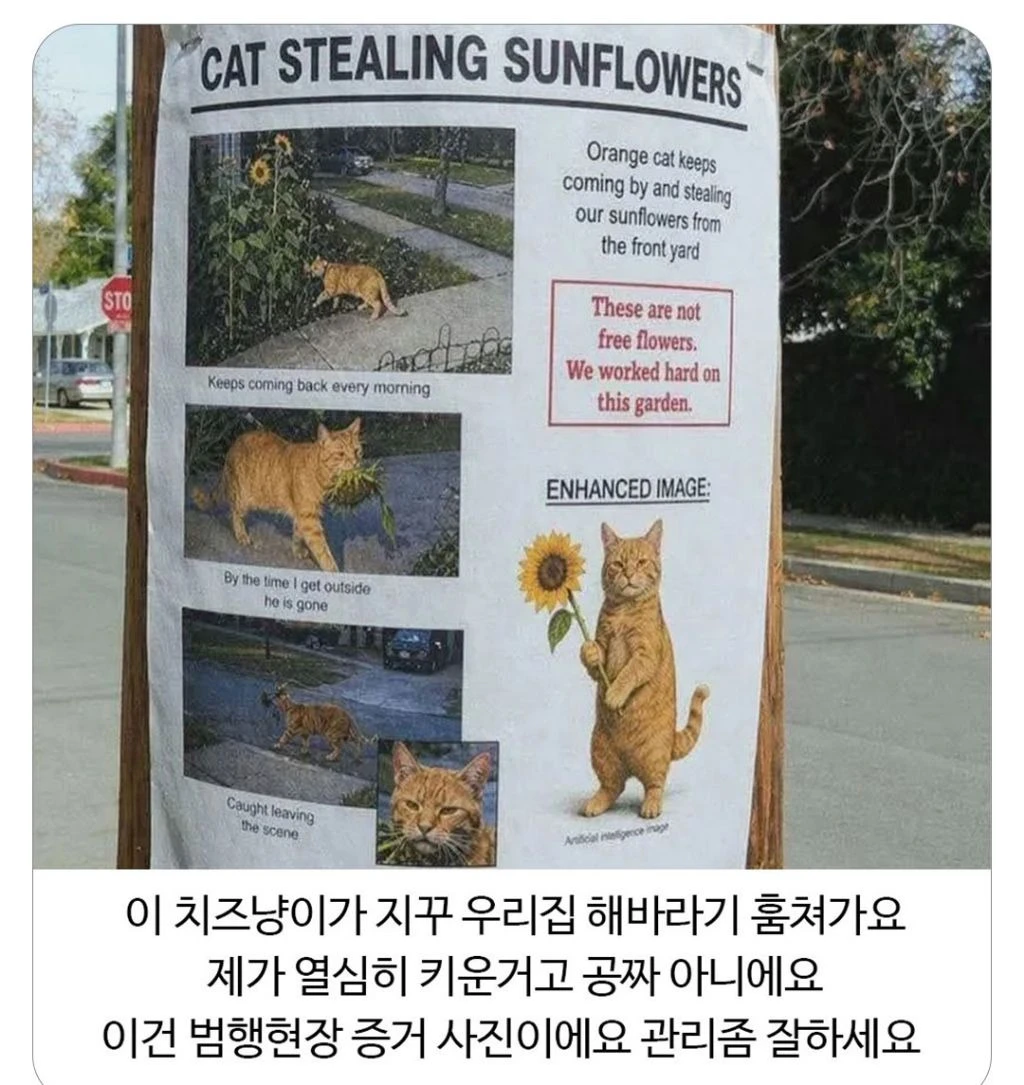 해바라기 훔치는 치즈 고양이 범행 현장 포착 귀여운 짤