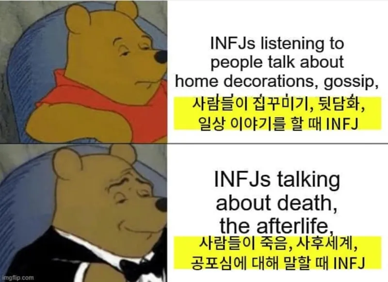 INFJ MBTI 인프제 곰돌이 푸 턱시도 짤 스몰토크 사후세계 공감