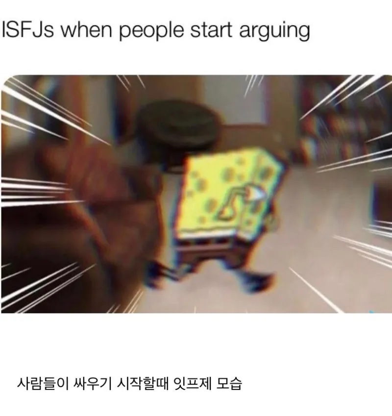 ISFJ MBTI 잇프제 스폰지밥 싸움 도망 당황 공포 회피 짤
