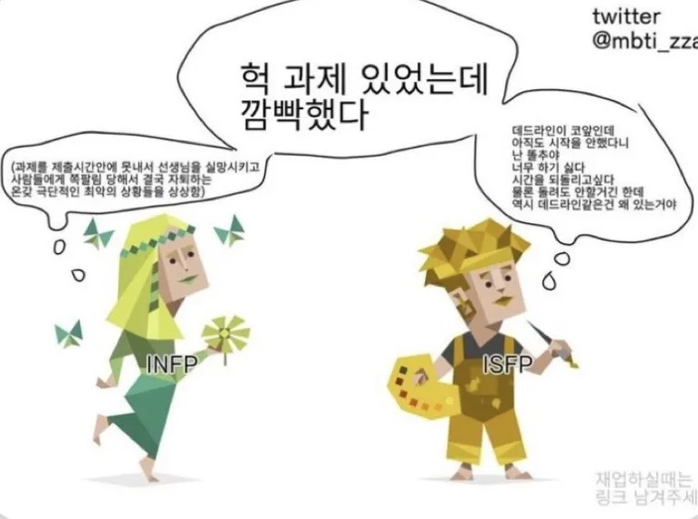 INFP ISFP MBTI 과제 까먹음 걱정 망상 차이 공감 짤
