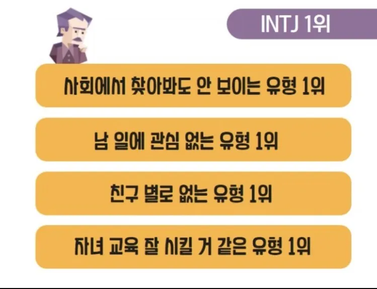 INTJ MBTI 인티제 특징 1위 팩폭 공감 친구없음 개인주의 성격