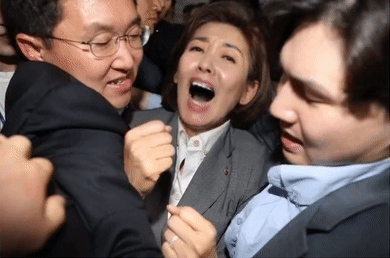 나경원 국회 몸싸움 절규 혼란 멘붕 당황 아비규환 소리지름