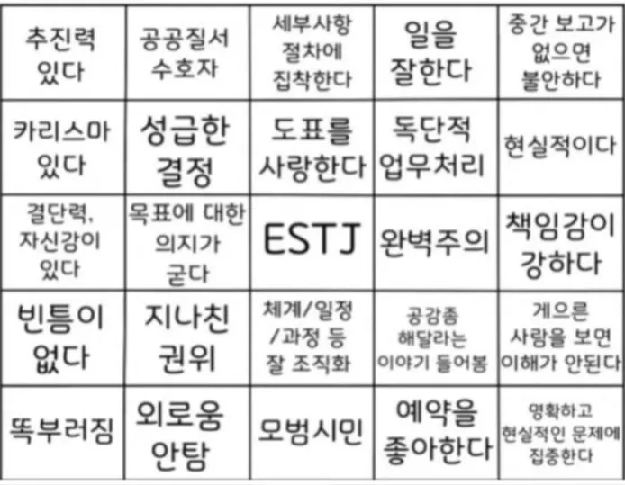 ESTJ MBTI 빙고 성격 특징 엣티제 공감 팩폭 완벽주의
