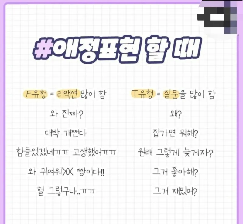 MBTI F유형 T유형 애정표현 차이 공감 질문 연애 심리 리액션