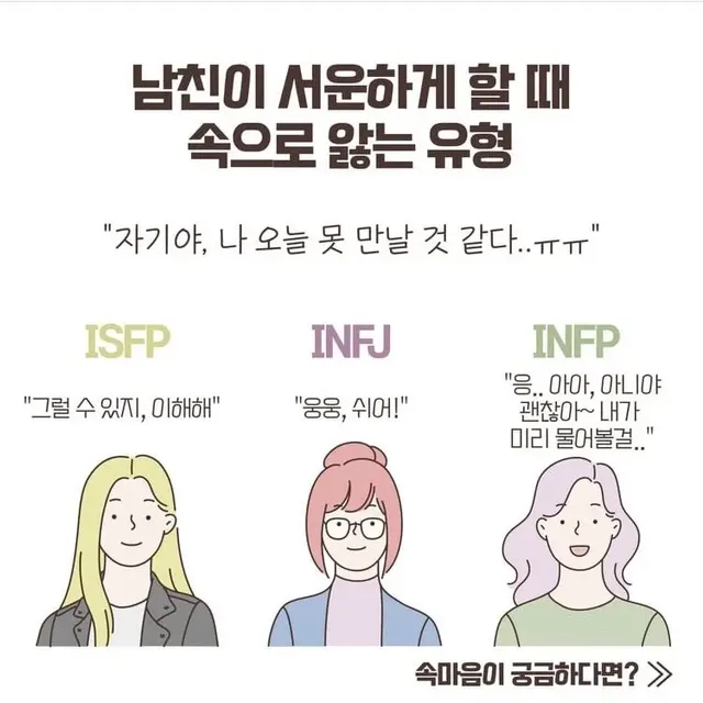 ISFP INFJ INFP MBTI 연애 서운함 속앓이 특징 공감 약속취소