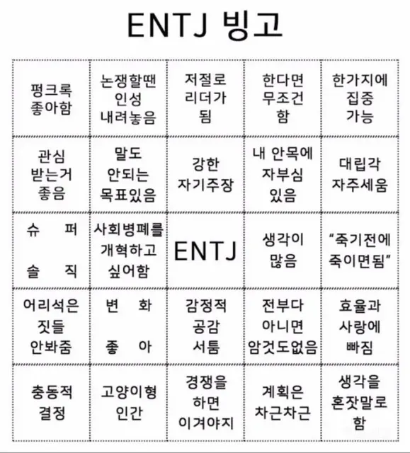 ENTJ MBTI 빙고 엔티제 성격 특징 테스트 공감 팩폭 짤