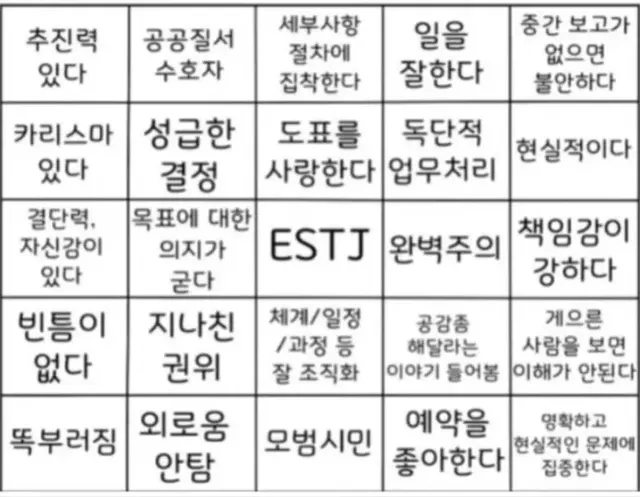 ESTJ MBTI 빙고 성격 특징 엣티제 공감 팩폭 완벽주의